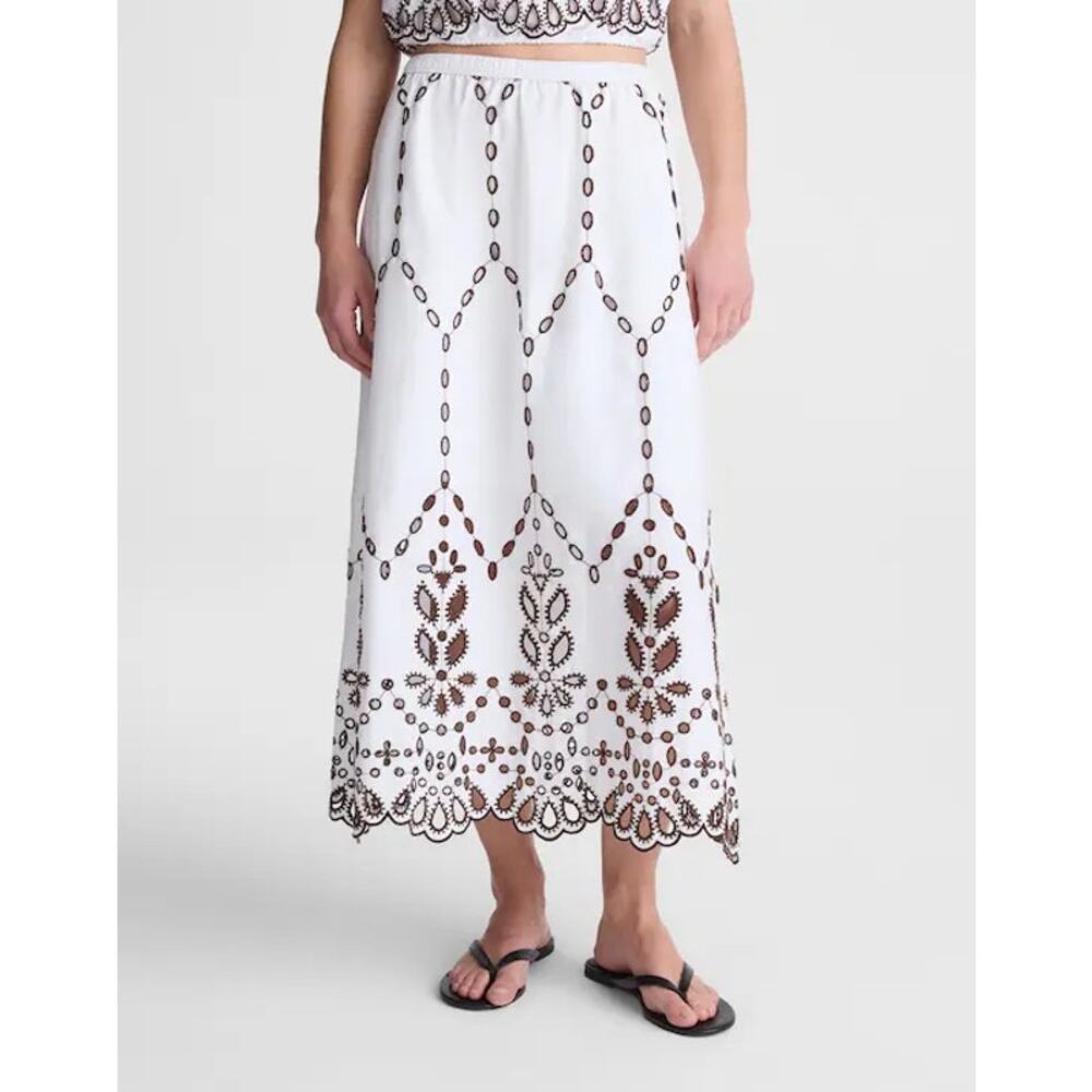 NWT Madewell Embroidered 100% Cotton Poplin Midi Skirt White Brown Size Large - Picture 3 of 11